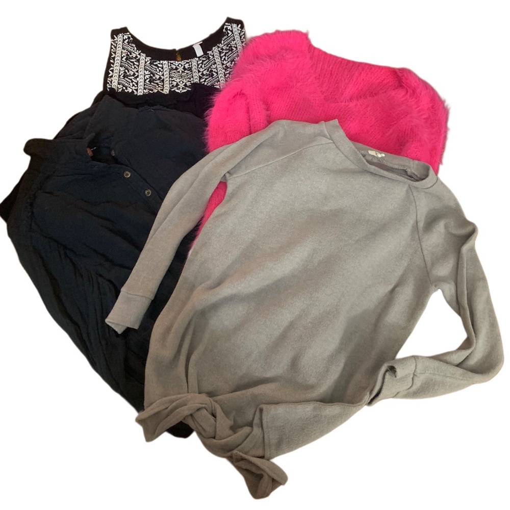 Bellamie tie up gray sweater,pink fuzzy sweater, black button down, black blouse